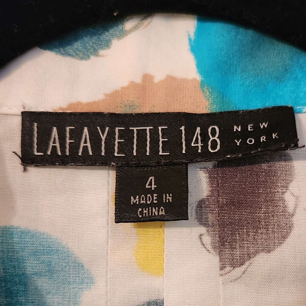 Lafayette 148 Blouse, Button Down, Ruffle Abstract Polka Dot, Cotton, Sz 4, EUC - Picture 3 of 13